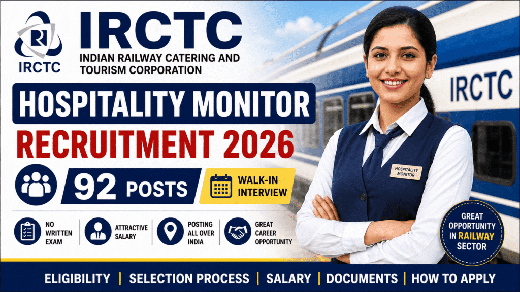 IRCTC Hospitality Monitor Recruitment 2026 featured image showing walk-in interview notification for 92 posts with railway background and hospitality staff member.