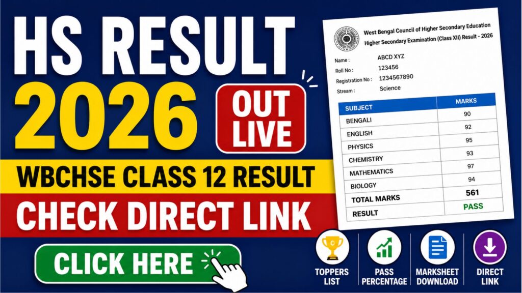 HS Result 2026 live update featured image showing WBCHSE Class 12 result direct link, marksheet download, topper list and pass percentage information.