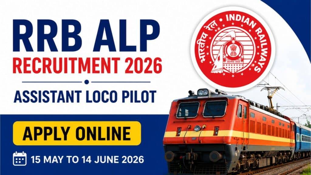 RRB ALP Recruitment 2026 featured image showing Assistant Loco Pilot railway vacancy notification with Indian Railways logo, train engine and apply online dates 15 May to 14 June 2026.