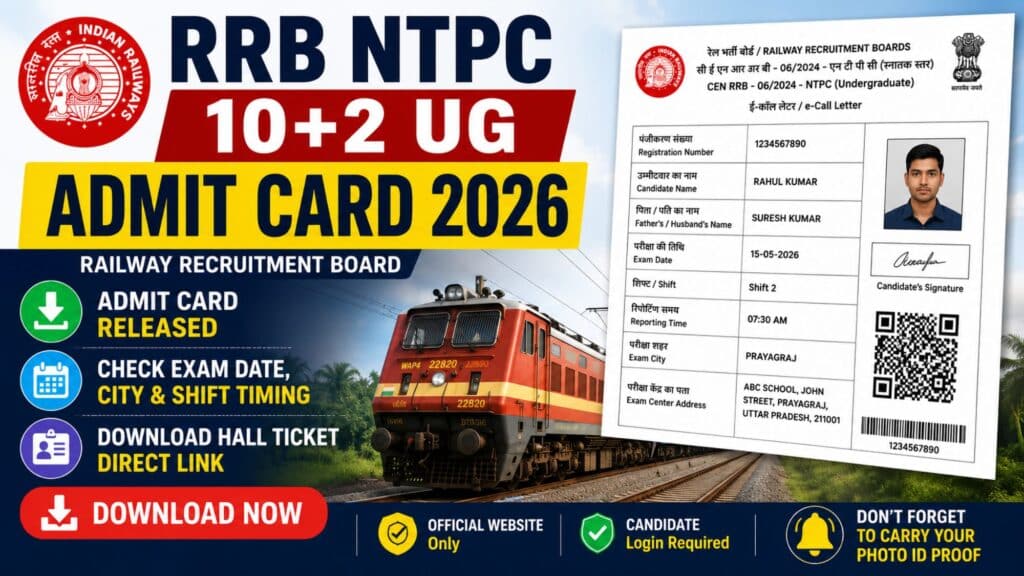 RRB NTPC 10+2 UG Admit Card 2026 featured image showing Railway CBT hall ticket download, exam date, city slip and train background.